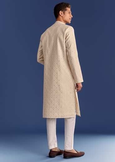 Beige Printed Benaras Jacquard Kurta Set