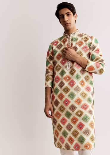 Multi Silk Kurta Set With Geometric Print