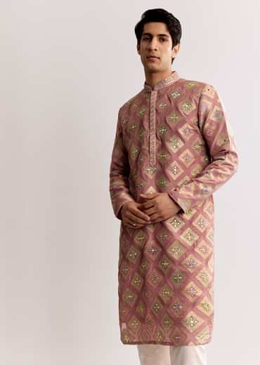 Pink Silk Kurta Set With Mirror Geometric Print