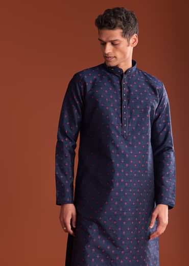 Blue Benaras Printed Jacquard Kurta Set