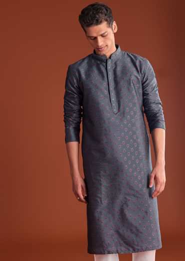 Grey Benaras Jacquard Kurta Set With Butti Print