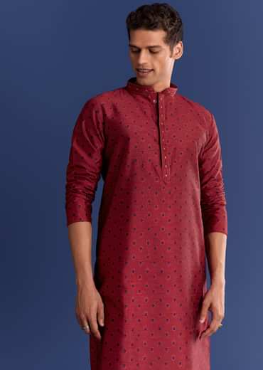 Red Benaras Jacquard Kurta Set With Print
