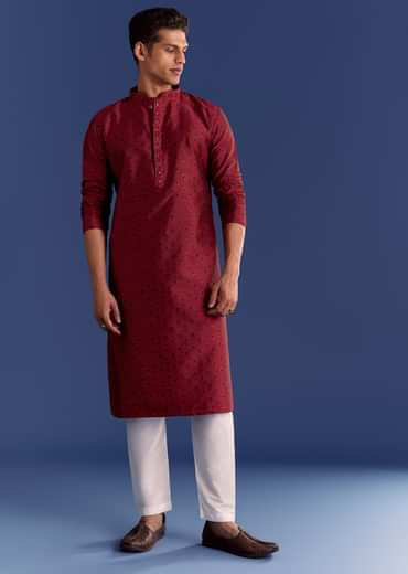 Red Benaras Jacquard Kurta Set With Print