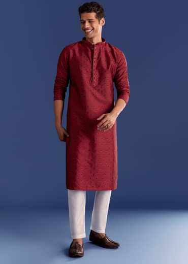 Red Benaras Jacquard Kurta Set With Print