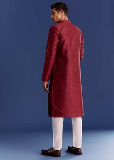 Red Benaras Jacquard Kurta Set With Print