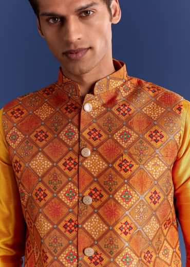 Orange Brocade Kurta Jacket Set With Geometric Print