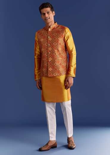 Orange Brocade Kurta Jacket Set With Geometric Print