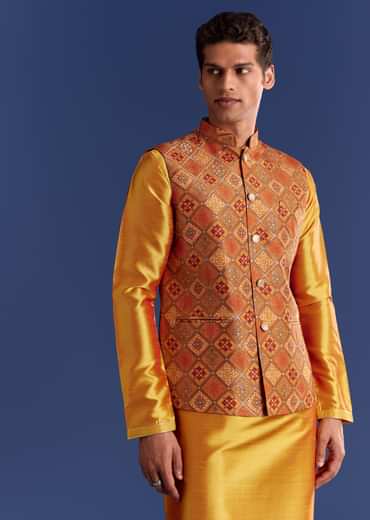 Orange Brocade Kurta Jacket Set With Geometric Print