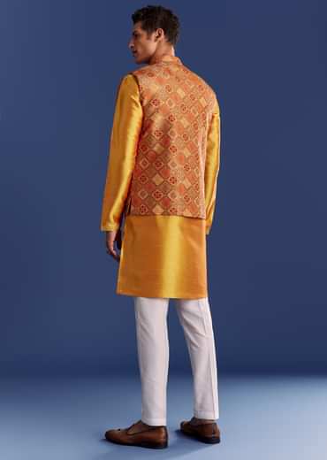 Orange Brocade Kurta Jacket Set With Geometric Print