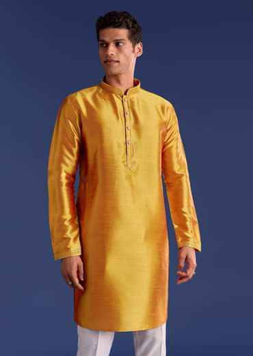 Orange Brocade Kurta Jacket Set With Geometric Print