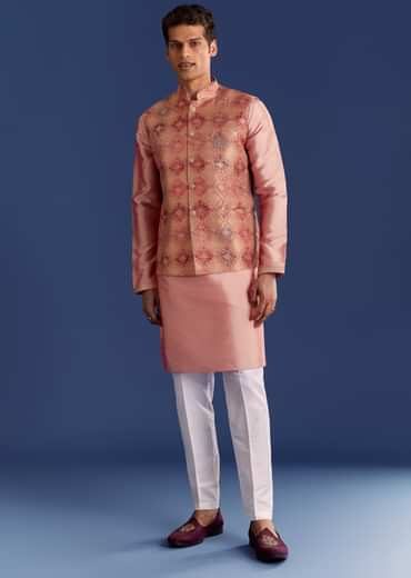 Peach Brocade Kurta Jacket Set With Geometric Print