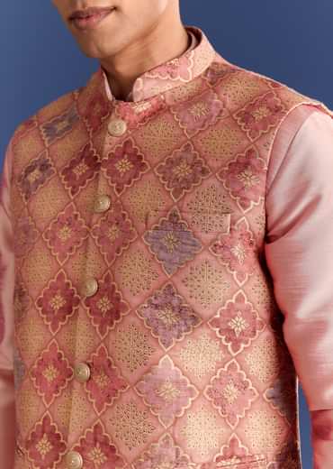 Peach Brocade Kurta Jacket Set With Geometric Print