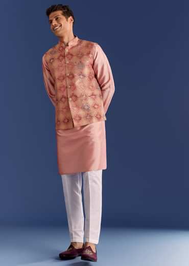 Peach Brocade Kurta Jacket Set With Geometric Print