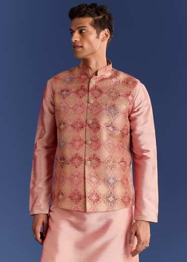 Peach Brocade Kurta Jacket Set With Geometric Print