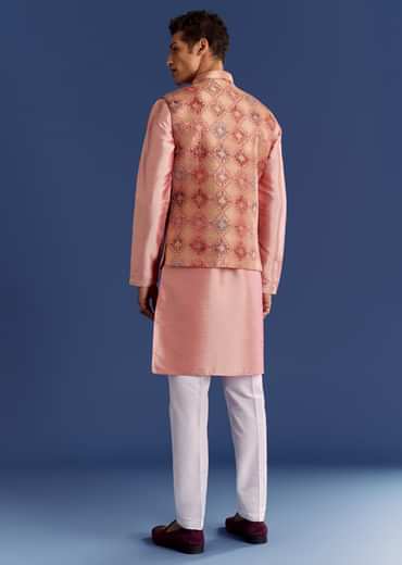 Peach Brocade Kurta Jacket Set With Geometric Print