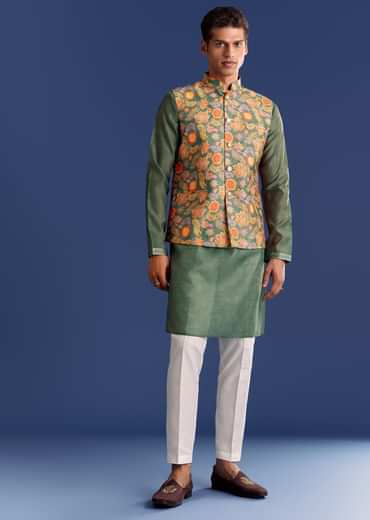 Green Kurta Jacket Set With Floral And Vine Prints