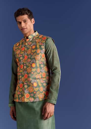 Green Kurta Jacket Set With Floral And Vine Prints