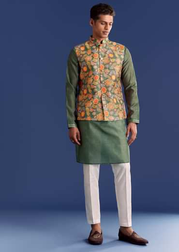 Green Kurta Jacket Set With Floral And Vine Prints