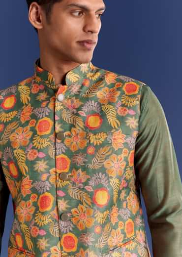 Green Kurta Jacket Set With Floral And Vine Prints