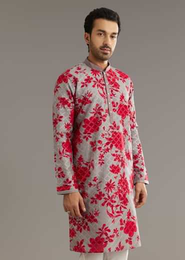 Red Silk Kurta Set With Stone Embellishment