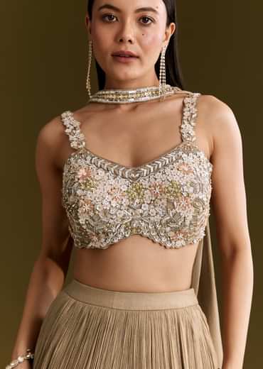 Gold French Tissue Lehenga With Sequins And Choker Dupatta