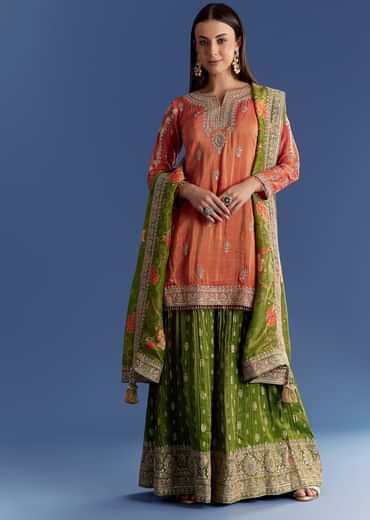 Orange Tissue Kurta Set With Zari Palazzo And Floral Dupatta