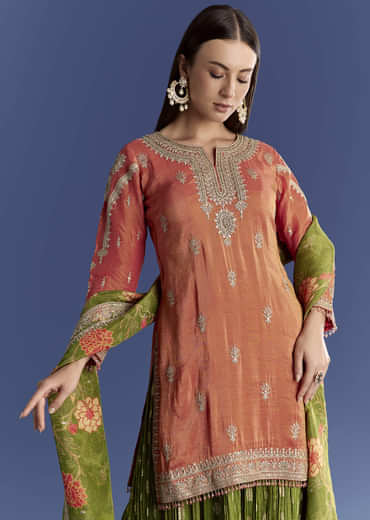 Orange Tissue Kurta Set With Zari Palazzo And Floral Dupatta