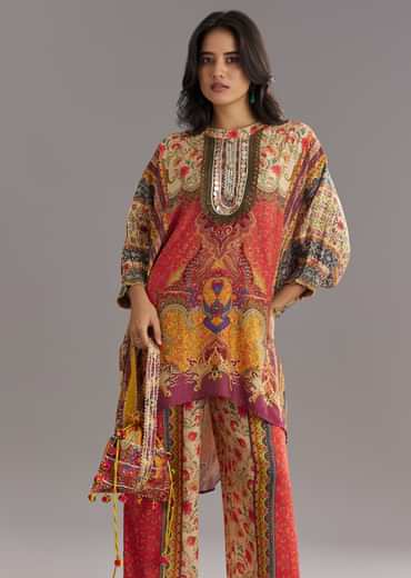 Printed Kaftan Set With Stone and Lace Work with Pant and Potli Bag