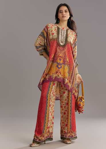 Printed Kaftan Set With Stone and Lace Work with Pant and Potli Bag
