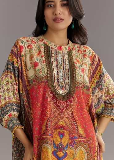 Printed Kaftan Set With Stone and Lace Work with Pant and Potli Bag