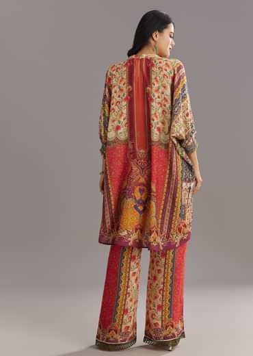 Printed Kaftan Set With Stone and Lace Work with Pant and Potli Bag