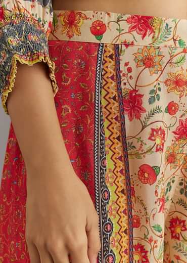 Printed Kaftan Set With Stone and Lace Work with Pant and Potli Bag