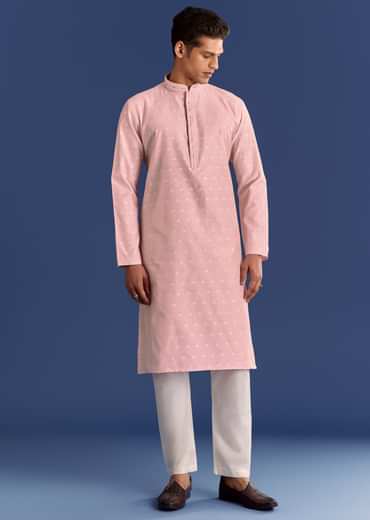 Peach Banaras Jacquard Kurta Set With Butti Print