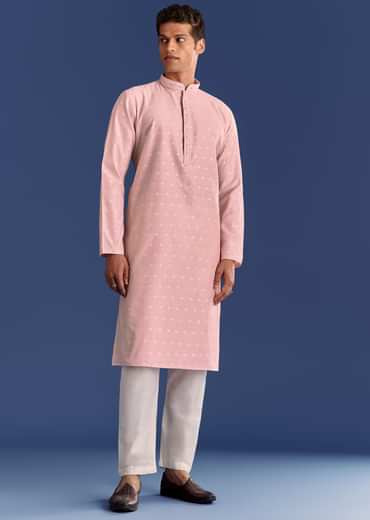 Peach Banaras Jacquard Kurta Set With Butti Print