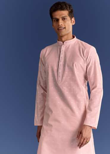 Peach Banaras Jacquard Kurta Set With Butti Print