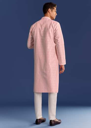 Peach Banaras Jacquard Kurta Set With Butti Print