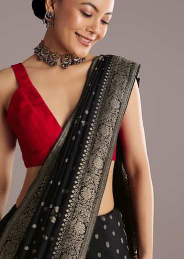 Black Saree With Woven Buttis In Brocade Weave