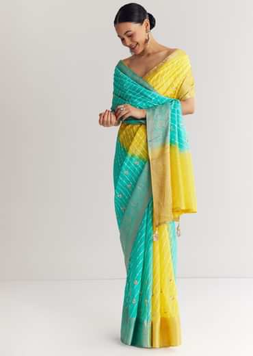 Yellow Rama Saree With Leheriya Print And Floral Gotapatti Embroidery