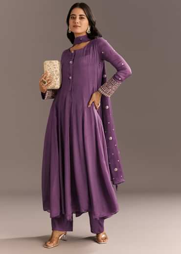Purple Chinon Kurta With Zardosi Sleeves And Butti Dupatta
