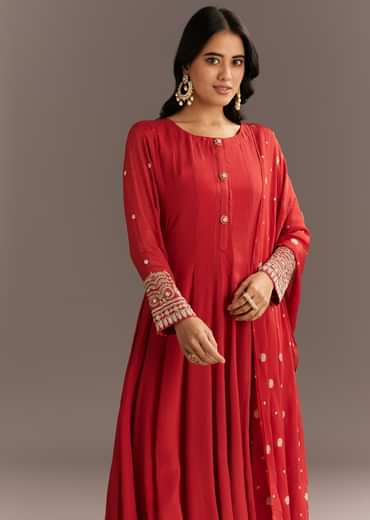 Deep Orange Chinon Kurta With Zardosi Sleeves And Butti Dupatta