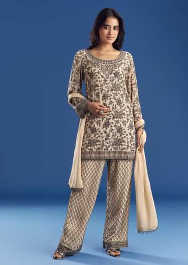 Cream Georgette Fully Beaded Kurta Pant Set With Dupatta