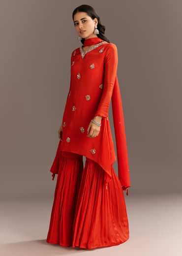 Orange Chinon Asymmetrical Cut Kurta Sharara With Dupatta