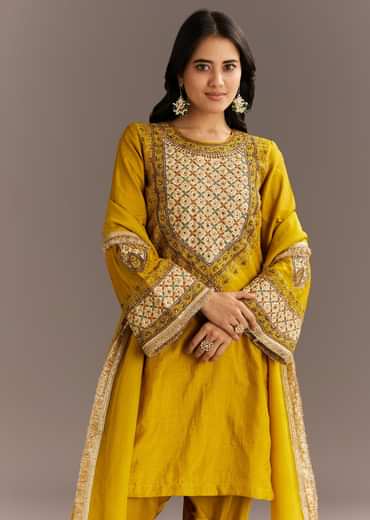 Mustard Yellow Silk Kurta Patiala With Gotta Lace Dupatta