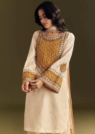 Ivory Silk Threadwork Kurta Patiala With Gotta Lace Organza Dupatta