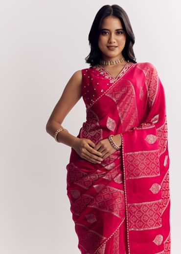 Rani Pink Dola Silk Saree With Gota Patti Woven Motif
