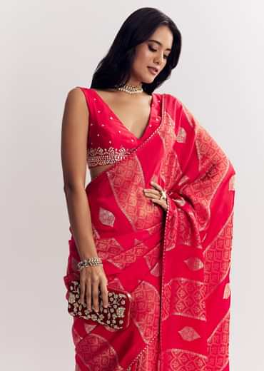 Red Dola Silk Saree With Gota Patti Woven Motifs