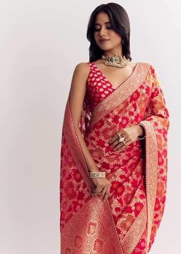 Red Shaded Dola Silk Saree With Zari Jaal Work
