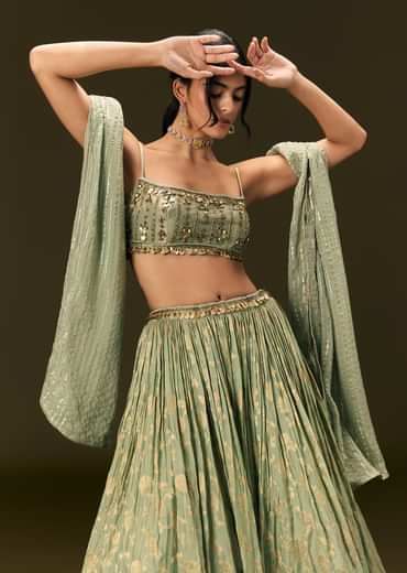 Mint Green Crepe Lehenga Choli Set With Coin Work