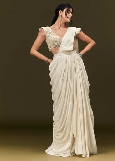 Ivory Crepe Pre Draped Saree With Zardosi And 3D Flower Motifs