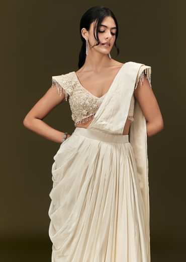 Ivory Crepe Pre Draped Saree With Zardosi And 3D Flower Motifs